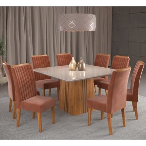 Mesa de Jantar Quadrada Suprema com 8 Cadeiras Fran Mel/off White/terracota - Casa Giulia