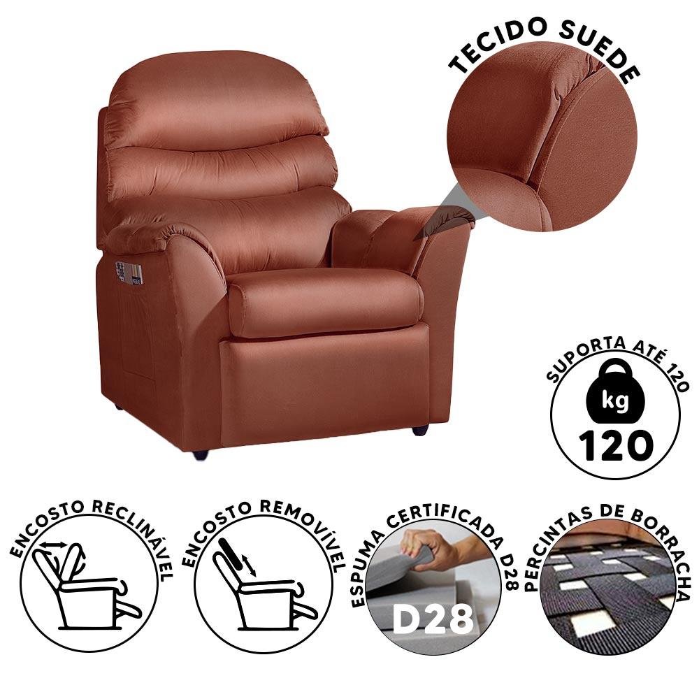Cadeira Confortável Reclinável Suede Cobre Kelsi Jm Móveis - 2