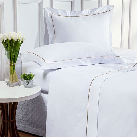 Roupa Cama Branco King 200 Fios 100% Algodão com Detalhe em Dourado