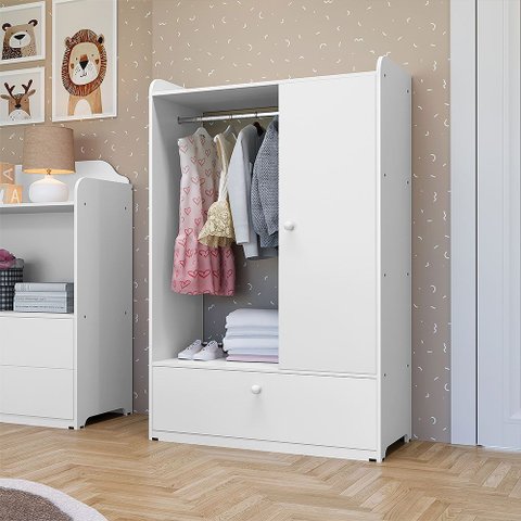 Guarda-roupa Infantil com Cabideiro Prateleiras e Gaveta Organizador Quarto Bebê Criança - Branco