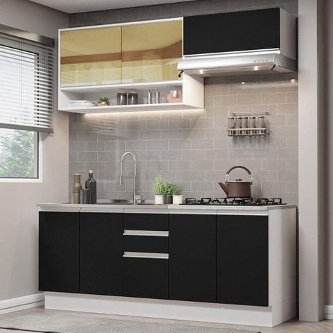 Armário de Cozinha Compacta 200cm Branco Preto Glamy Madesa 03