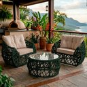 Ver imagem 1 de Jogo 2 Poltronas e Mesa de Centro Tampo de Vidro Aço e Corda Náutica Verde Aruá Assento Bege