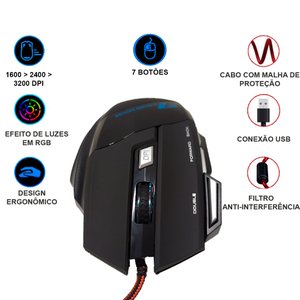 Mouse Gamer Led com Fio 7 Botoes 3200 Dpi Usb