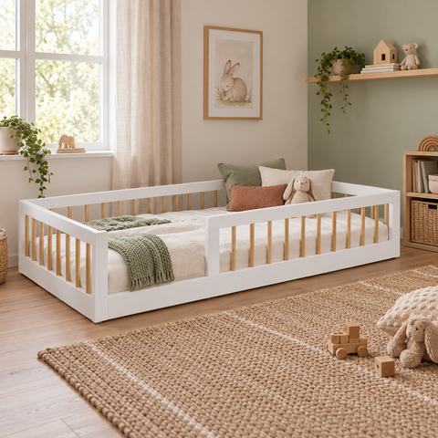 Cama Infantil Montessoriana Solteiro Matteo 100% MDF Branco/Amadeirado - Tigus