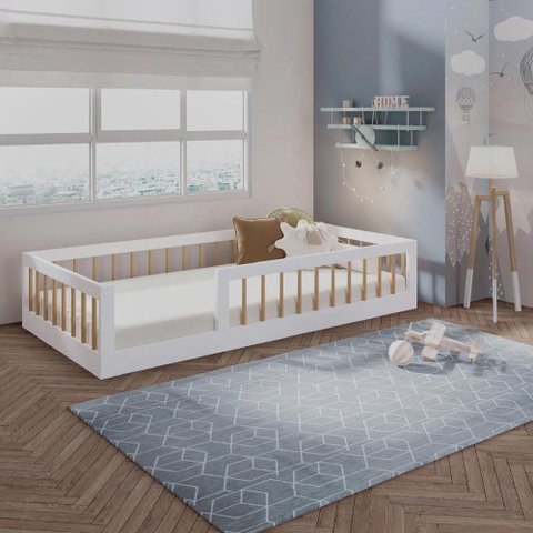 Cama Infantil Montessoriana Solteiro Tigus Matteo 100% em MDF Branco/Amadeirado