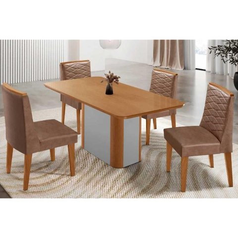 Conjunto: Mesa Sala Jantar Pietá C/ Tampo Madeirado Canto Curvo 120x80cm e 4 Cadeiras Maldivas