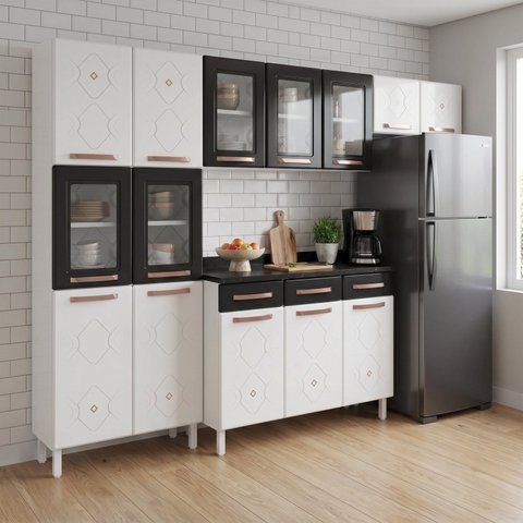 Cozinha Compacta Modulada Aço 4 Peças com Tampo Casuá Branca Preta
