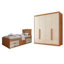 Ver imagem 2 de Conjunto Cama Solteiro 5 Gavetas Júlia e Guarda-Roupa Casal 4 Portas 4 Gavetas Bergamo Marrom/Cinamomo/Off White