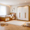 Ver imagem 1 de Conjunto Cama Solteiro 5 Gavetas Júlia e Guarda-Roupa Casal 4 Portas 4 Gavetas Bergamo Marrom/Cinamomo/Off White