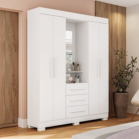 Guarda-Roupa Solteiro 4 Portas 3 Gavetas Capelinha com Espelho 164cm Espresso Móveis Branco