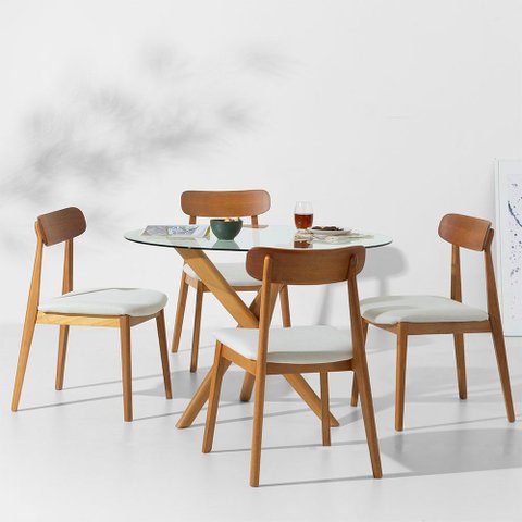 Conjunto Mesa de Jantar Thai Redonda Vidro Incolor - 1,10m + 4 Cadeiras Nord Encosto Madeira Texture