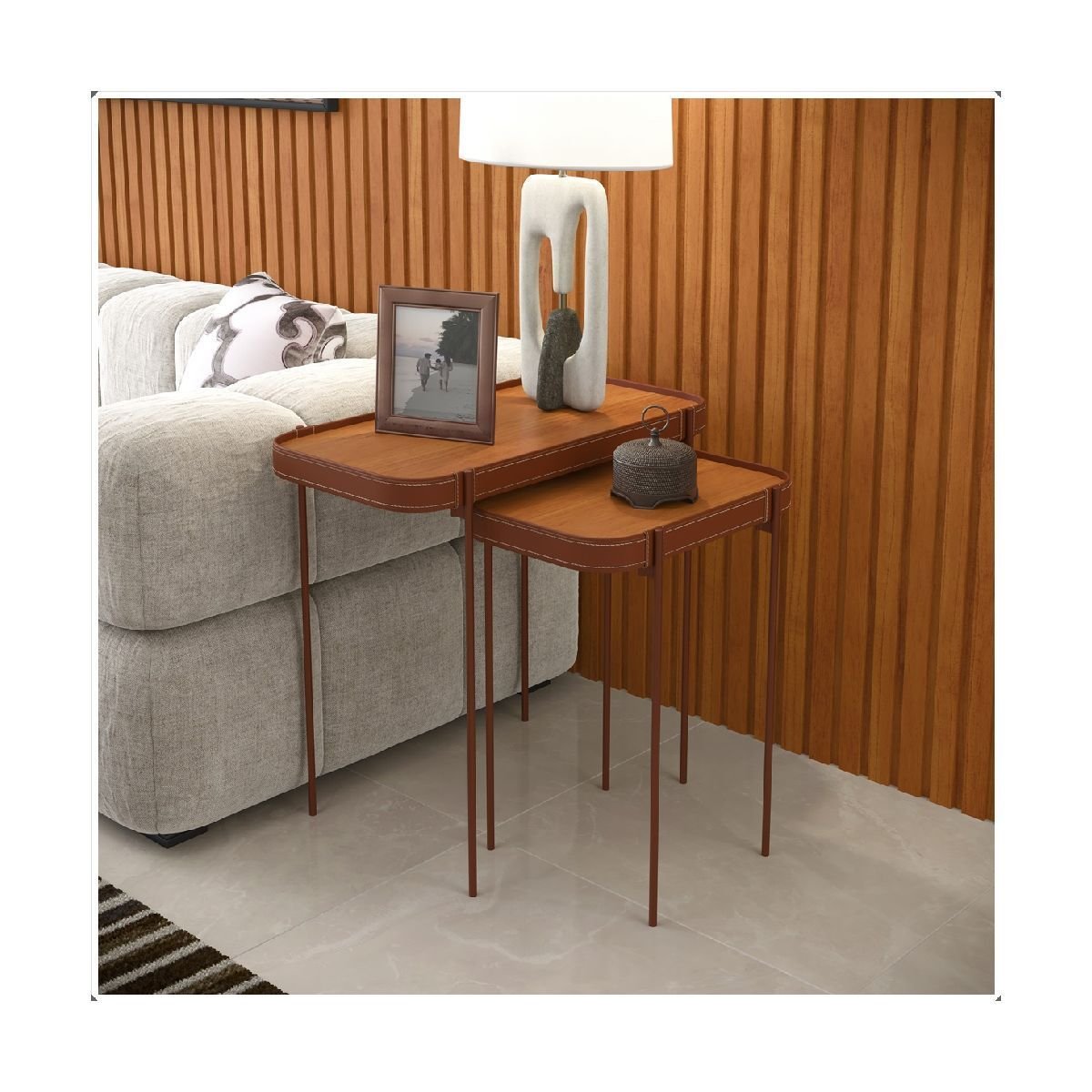 Conjunto Mesa Lateral Melin Nature Pés Metal Cobre Ofertamo