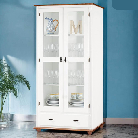 Cristaleira Rústica Madeira com 2 Portas, 1 Gaveta e Pés Torneados -branco Laca Tampo e Base Imbuia