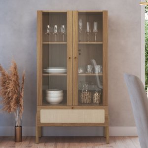 Cristaleira 2 Portas Vidro 1 Gaveta 83cm Palhinha Pé Madeira Oslo Artesano | Nero - Hanover