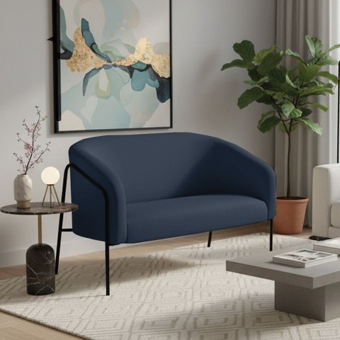 Sofá 2 Lugares Namoradeira Stella Base Industrial Alta Preta Suede Azul Marinho D03 - D’Rossi
