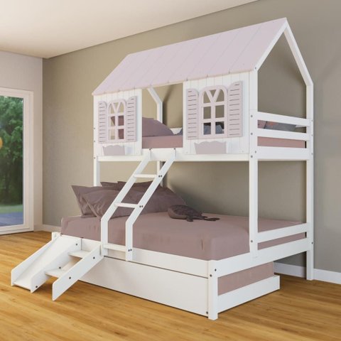 Treliche Casal/ Solteiro Casinha Bela com Kit Escada/escorregador - Madeira Maciça Branco/rosa |