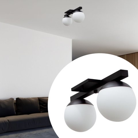 Painel Plafon Sobrepor de Teto Deluxe Duplo Jabuticaba Preto com Globo Vidro Fosco 10cm