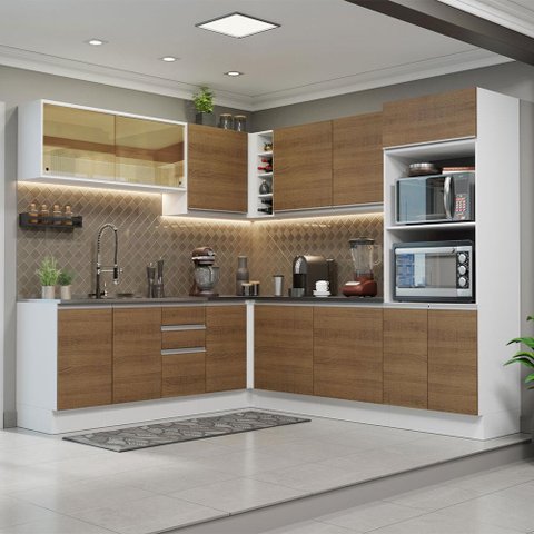 Armário de Cozinha Completa de Canto 100% MDF 459cm Branco/Rustic Acordes Madesa 01