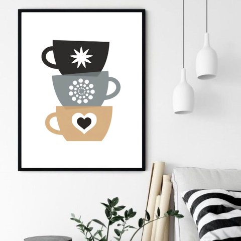 Quadro Decorativo Cantinho Café Xícaras - 70x50cm:moldura Branca