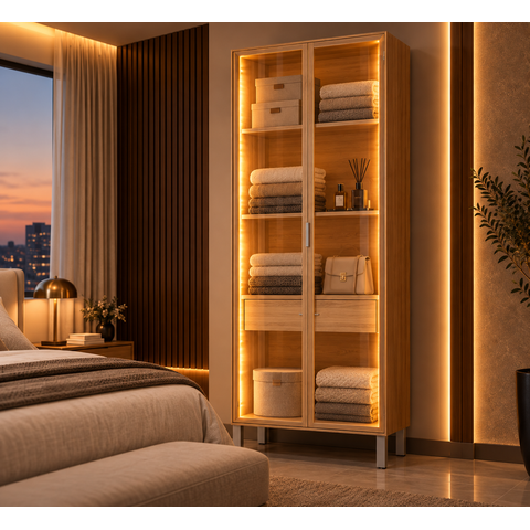 Cristaleira Intenza com 2 Portas Vidro Gaveta e LED Interno Roupeiro Closet Modulado Vidro:Freijo