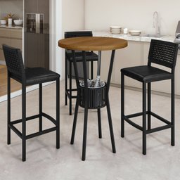 Conjunto Bistrô Bar Ripado 1 Mesa Tampo Madeira Maciça Redondo 3 Banquetas Madri - 1