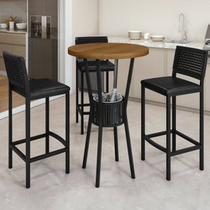 Conjunto Bistrô Bar Ripado 1 Mesa Tampo Madeira Maciça Redondo 3 Banquetas Madri
