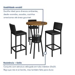 Conjunto Bistrô Bar Ripado 1 Mesa Tampo Madeira Maciça Redondo 3 Banquetas Madri - 9