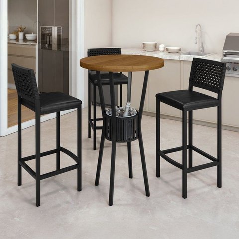 Conjunto Mesa Bistrô e 3 Banquetas Tampo de Madeira Maciça Madri Nature Preto/Nature
