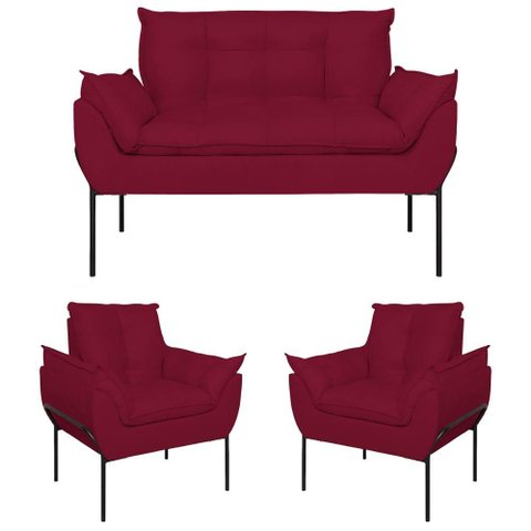 Kit 02 Poltronas + Namoradeira Pé Metal Preto Recepção Sala Cor:marsala