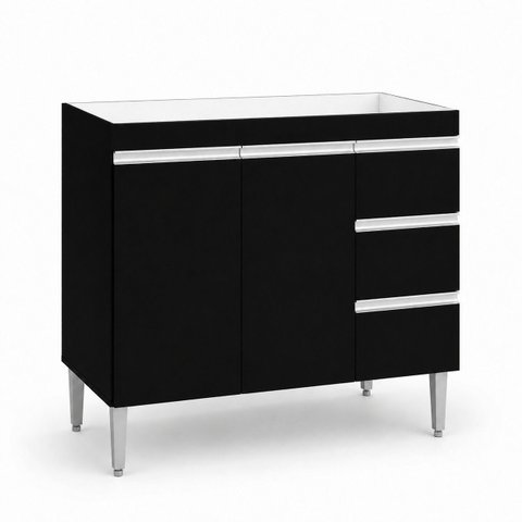 Balcão Gabinete para Pia Andreia sem Tampo 100cm 2 Portas 3 Gavetas Preto