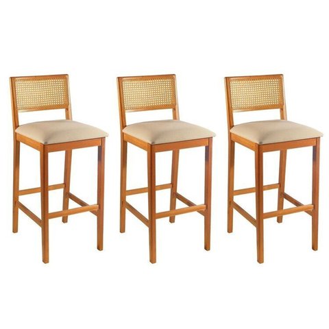 Kit 3 Banquetas Rattan com Pés em Madeira Maciça Ariel Cinamomo