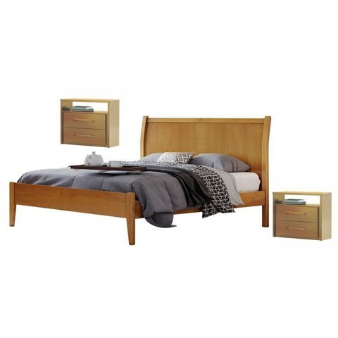 Conjunto Quarto de Casal Cama 140cm e 2 Mesas de Cabeceira 2 Gavetas