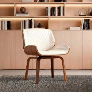 Cadeira Milão Base Fixa Giratória, Couro Sintético e Madeira Nogueira Branca