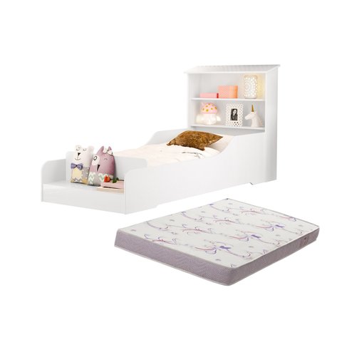 Mini Cama Casinha Liz Branco de Mdf com Nichos e Proteção Lateral + Colchão D18
