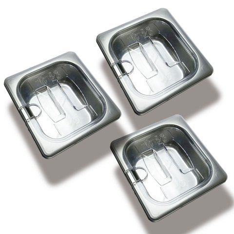 Conj 3 Cuba Gastronômica Inox Gn 1/6x65 Mm 900 Ml + Tampa 1/6 em Policarbonato com Abertura para Col