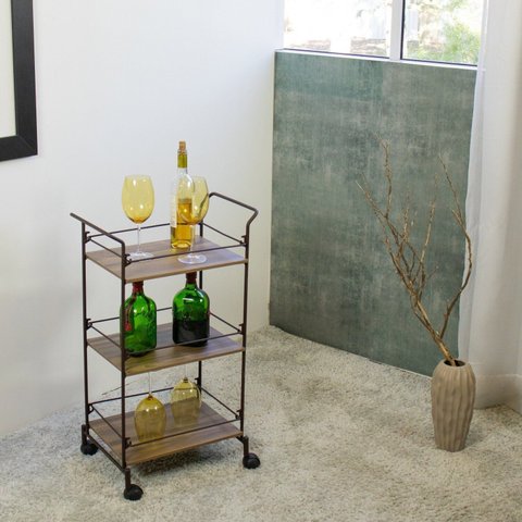 Carrinho de Bebidas Decorativo Retangular 3 Andares Marrom/Aço Corten/Castanho
