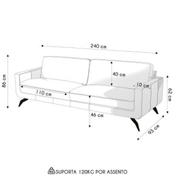 Sofá 3 Lugares para Sala Living 240cm Vults L08 Couro Off - Mpozenato - 3