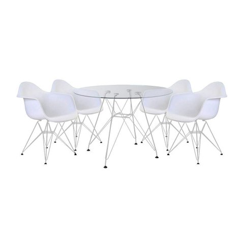 Mesa de Jantar Vidro Redonda 110cm com 4 Poltronas Brancas Ferro Branco Cor: Branco
