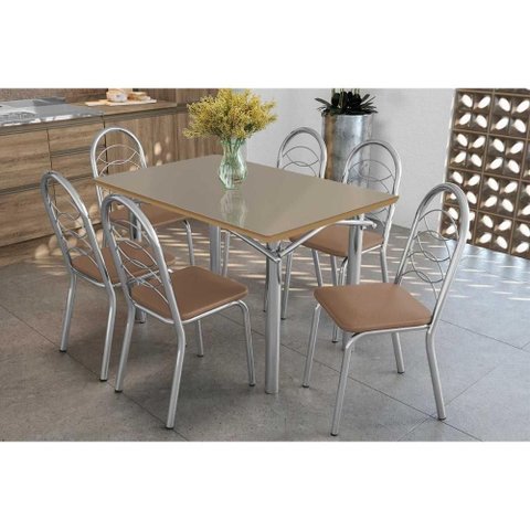 Sala de Jantar Completa Elba Tampo Madeirado C/ Vidro 120cm e 6 Cadeiras Holanda Cromada/freijo