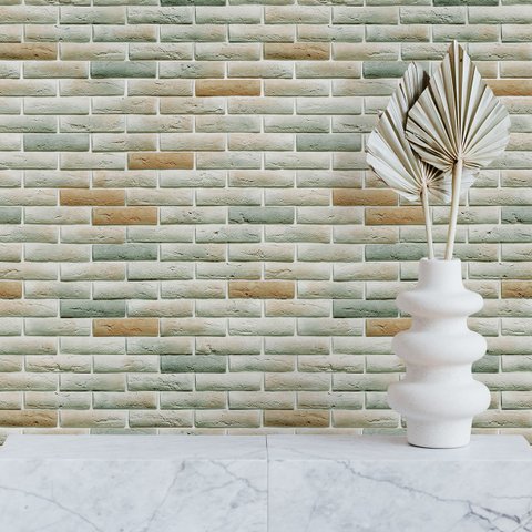 Papel de Parede Adesivo Tijolinho em Tons Verde e Bege 10m