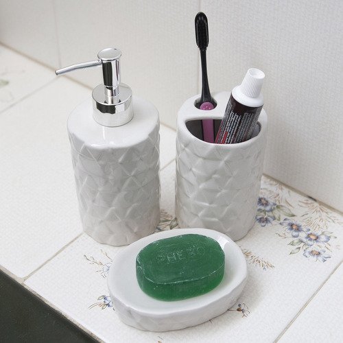 Kit Para Banheiro 3 Peças Branco Com Detalhes Decore Fácil Shop - 1