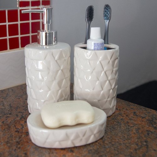 Kit Para Banheiro 3 Peças Branco Com Detalhes Decore Fácil Shop - 4