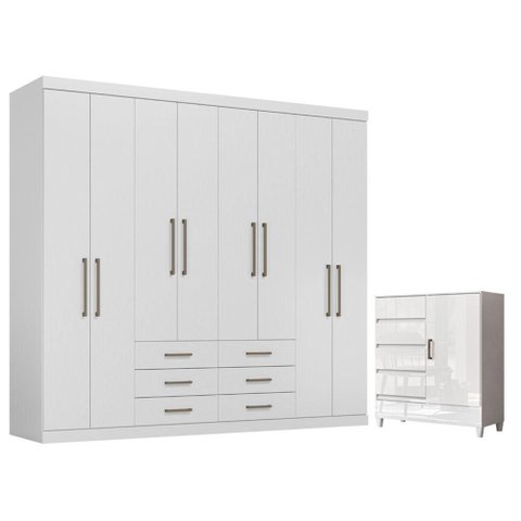 Guarda Roupa Casal 8 Portas 6 Gavetas Master e Cômoda Fit Branco Brilho - Santos Andirá