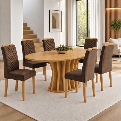 Conjunto Sala de Jantar 6 Lugares Mesa Orgânica MDF 180x90cm Marrom
