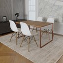 Ver imagem 1 de Mesa Industrial Base Ferro Cobre 137x75 Tampo Amêndoa 4 Cadeiras Eiffel Madeira Assento Branco