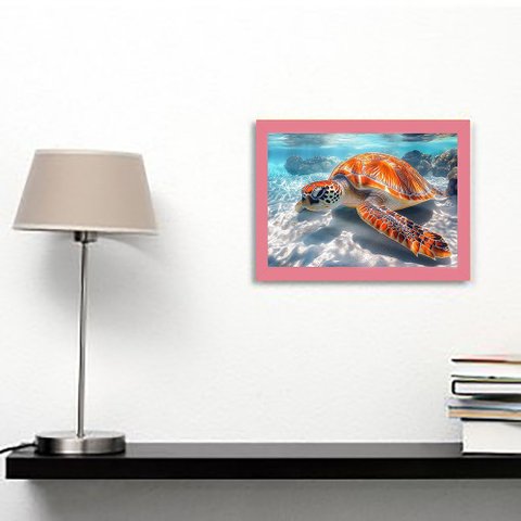 Quadro Decorativo Tartaruga Marinha + Vidro 33x25 Escritório:rosa