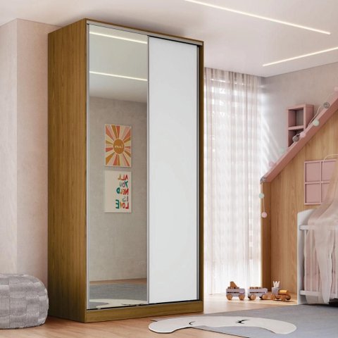 Guarda Roupa Solteiro Freijó Natural Branco Espelho 2 Portas de Correr Rc2005 Emovell 120x59,