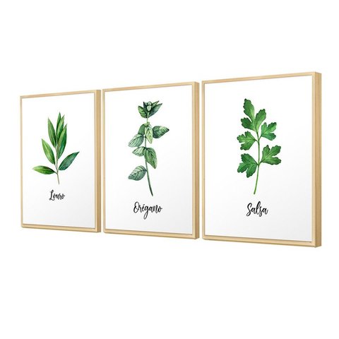 Kit Quadros Decorativos com Moldura Plantas Temperos Cozinha