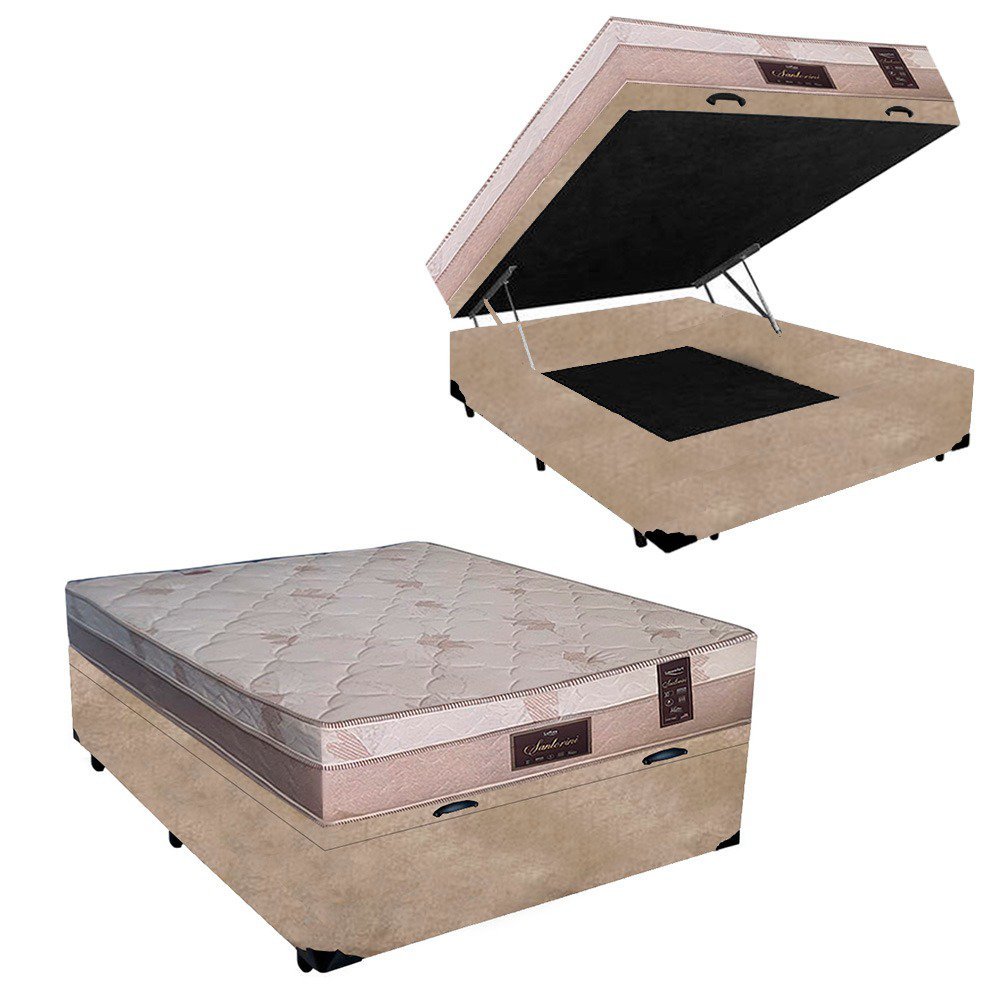 Cama Box Baú Casal Conforto Suede Bege + Colchão Casal Conforto Espuma D23 Com EPS 14x138x188