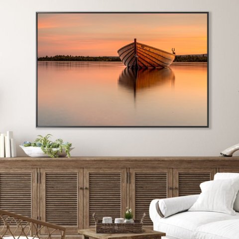 Quadro Decorativo Paisagem Canoa por do Sol Sala Quarto Casa Escritório